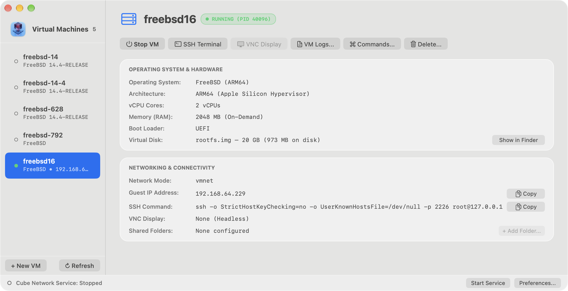 Cube dashboard managing a running FreeBSD 14.4 ARM64 virtual machine